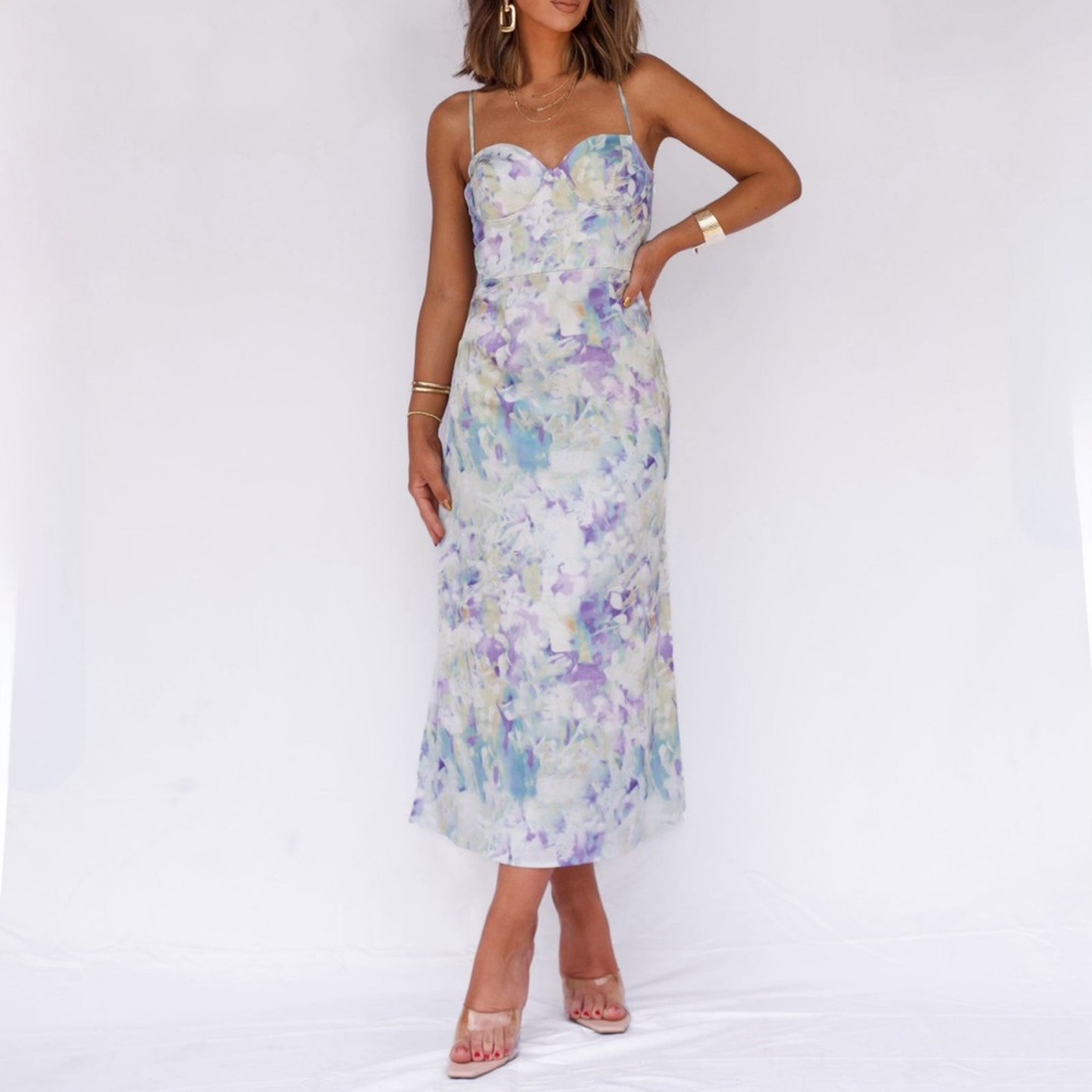 Mystic Floral Watercolor Midi Dress with Sweetheart Neckline